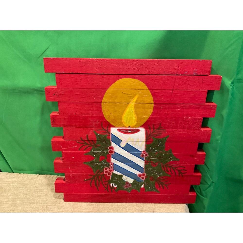 Rustic Hand Painted Red Wood Wall Decor Christmas Candle Mistletoe‎ Image